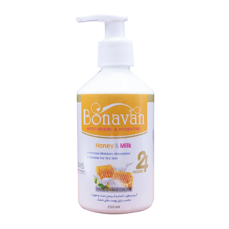 کرم مرطوب کننده و آبرسان دست و صورت بناوان مدل Honey and Milk حجم 250 میلی لیتر 