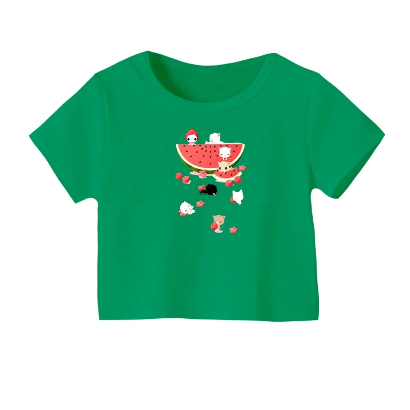 کراپ‌ تی‌شرت آستین کوتاه زنانه مدل حیوانات و هندوانه یلدایی کد 2