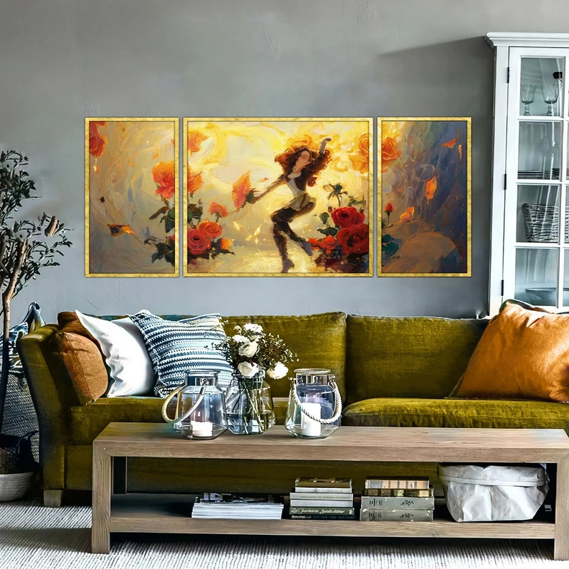 تابلو ساده بکلیت طرح مدرن دیجیتال آرت مدل شاین اکلیلی T-2912 فریم طلایی مجموعه 3 عددی