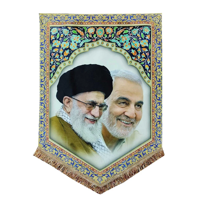 پرچم مدل مذهبی طرح حضرت آیت الله خامنه ای و حاج قاسم سلیمانی