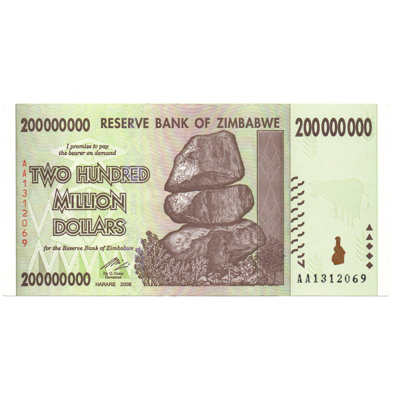 اسکناس تزئینی مدل کشور زیمباوه 200.000.000 دلار