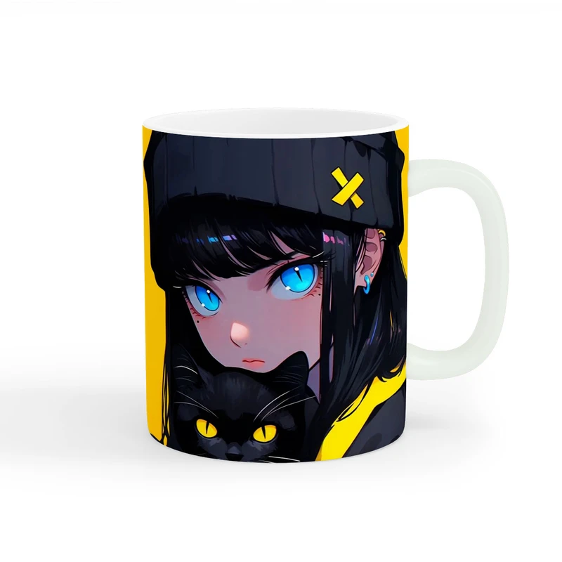 ماگ طرح دخترانه دختر و گربه سیاه کد wall-8230