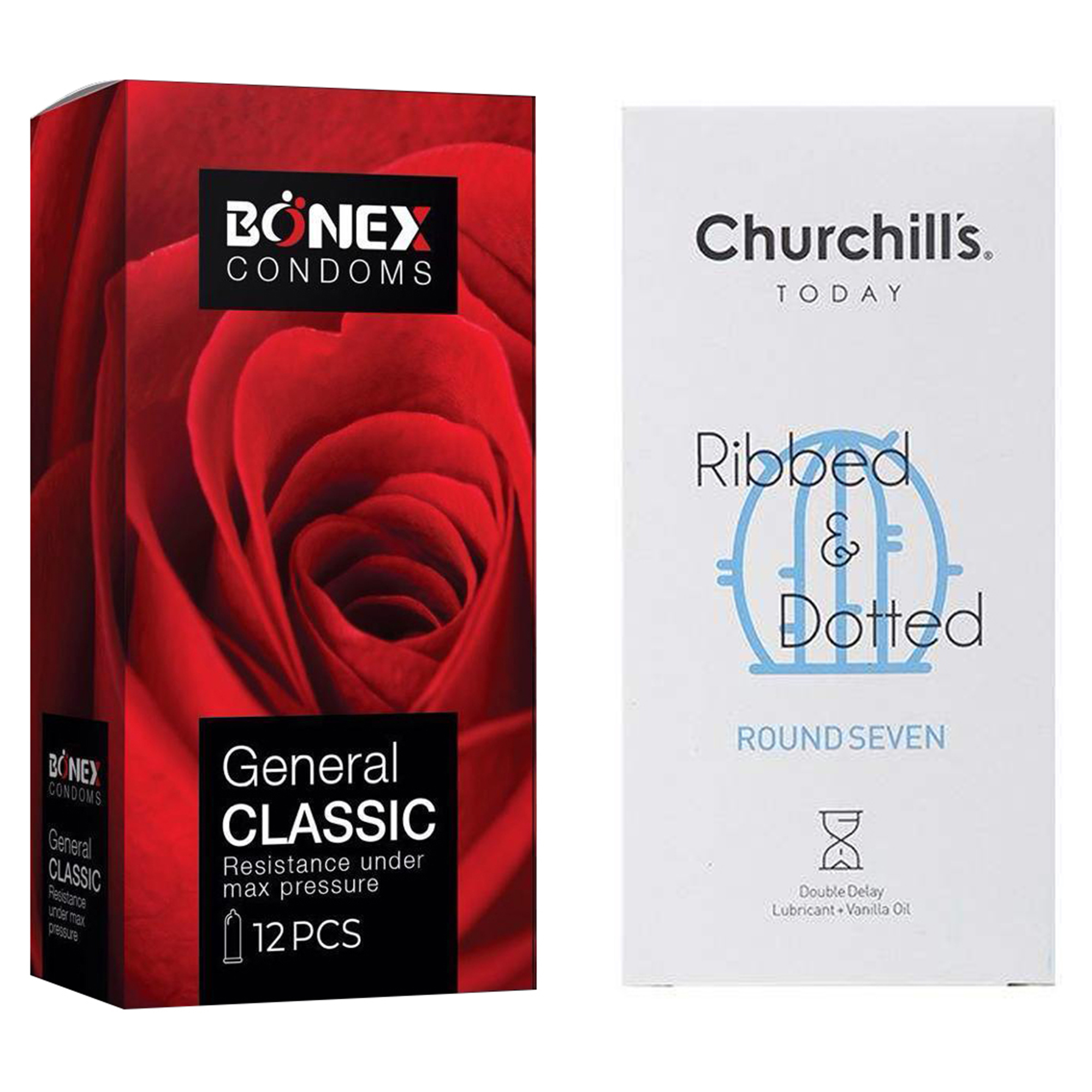 کاندوم چرچیلز مدل Round Seven بسته 12 عددی به همراه کاندوم بونکس مدل General Classic بسته 12 عددی 
