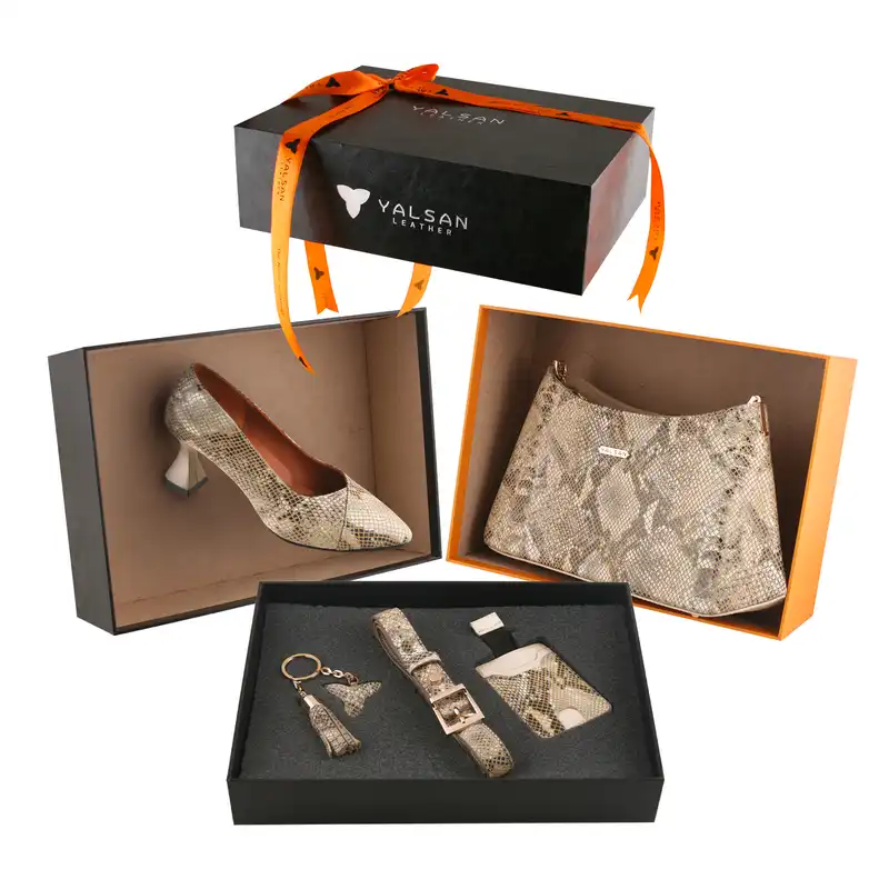ست کیف و کفش زنانه چرم یلسان مدل لاکچری آنریا کد RTL-300-krm به همراه کمربند و جاکارتی و جاکلیدی