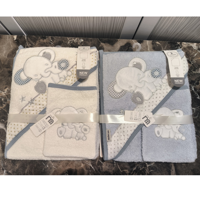 ست حوله نوزادی مادرکر طرح گلدوزی مدل Elephant and baby مجموعه 2 عددی