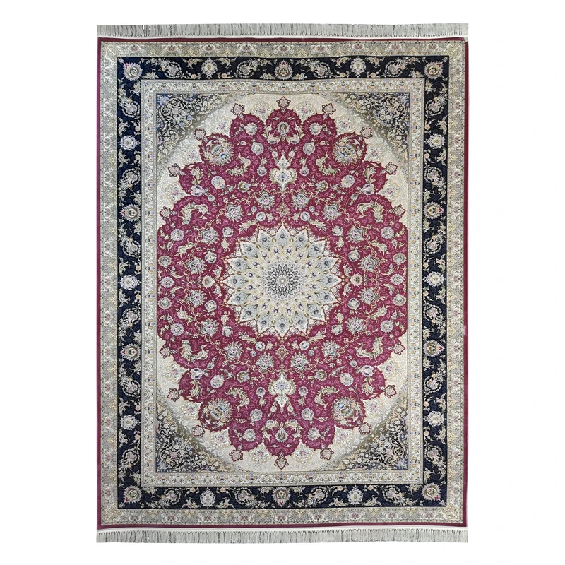 فرش ماشینی 1500 شانه فرش مشهد زمینه ارغوانی حاشیه سرمه ای کد 814003