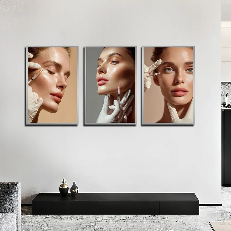 تابلو بکلیت طرح سالن زیبایی و بوتاکس صورت مدل SI-4079 فریم نقره ای مجموعه 3 عددی