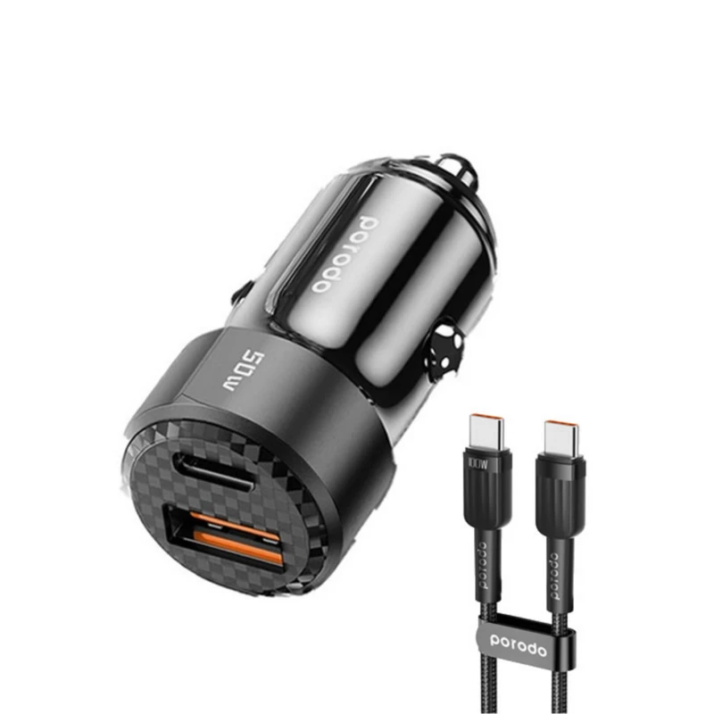 شارژر فندکی 50 وات پرودو مدل dual port به همراه کابل تبدیل USB-C