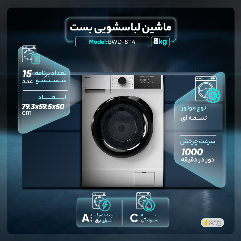 ماشین لباسشویی بست مدل BWD-8114 ظرفیت 8 کیلوگرم 3 در وبزینر ماشین لباسشویی بست مدل BWD-8114 ظرفیت 8 کیلوگرم