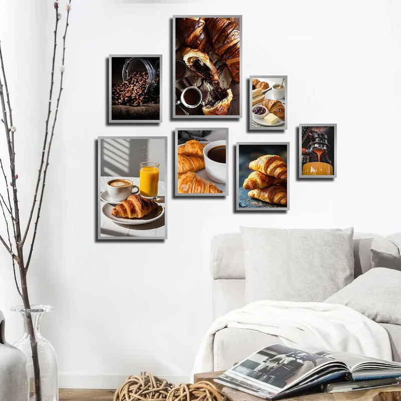 تابلو بکلیت طرح کافه و رستوران قهوه و کروسان مدل SI-3791 فریم نقره ای مجموعه 7 عددی