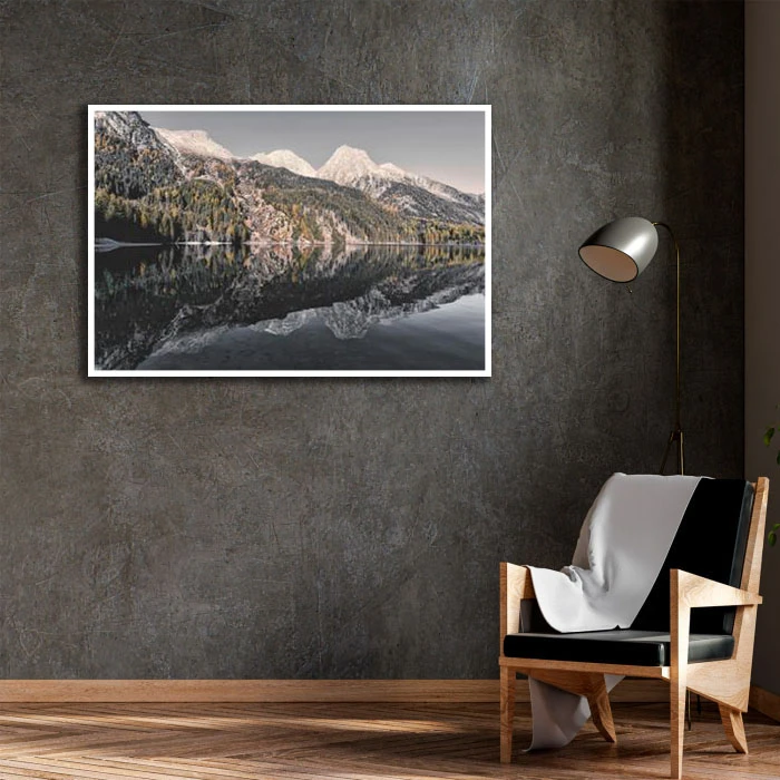 تابلو نوری بکلیت طرح منظره کوهستانی و دریاچه مدل W-D2227 فریم سفید