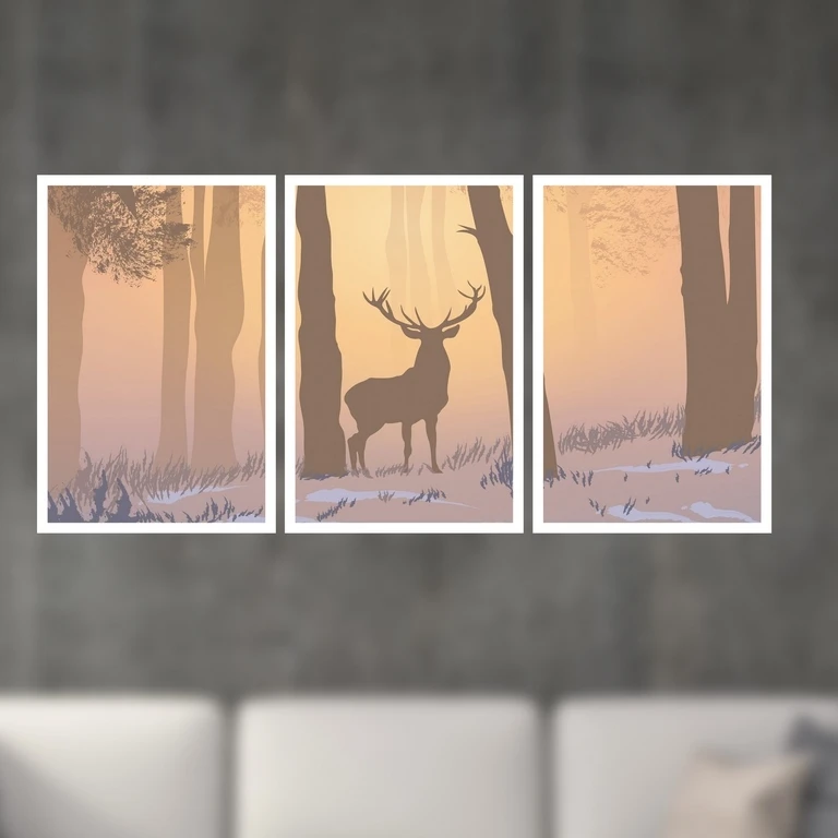 تابلو بکلیت طرح نقاشی فانتزی جنگل و گوزن مدل W-S4923 مجموعه 3 عددی