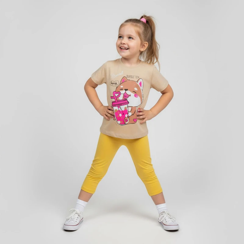 ست تی شرت آستین کوتاه و شلوارک دخترانه چیندکا مدل گربه کد 102 رنگ نسکافه ای