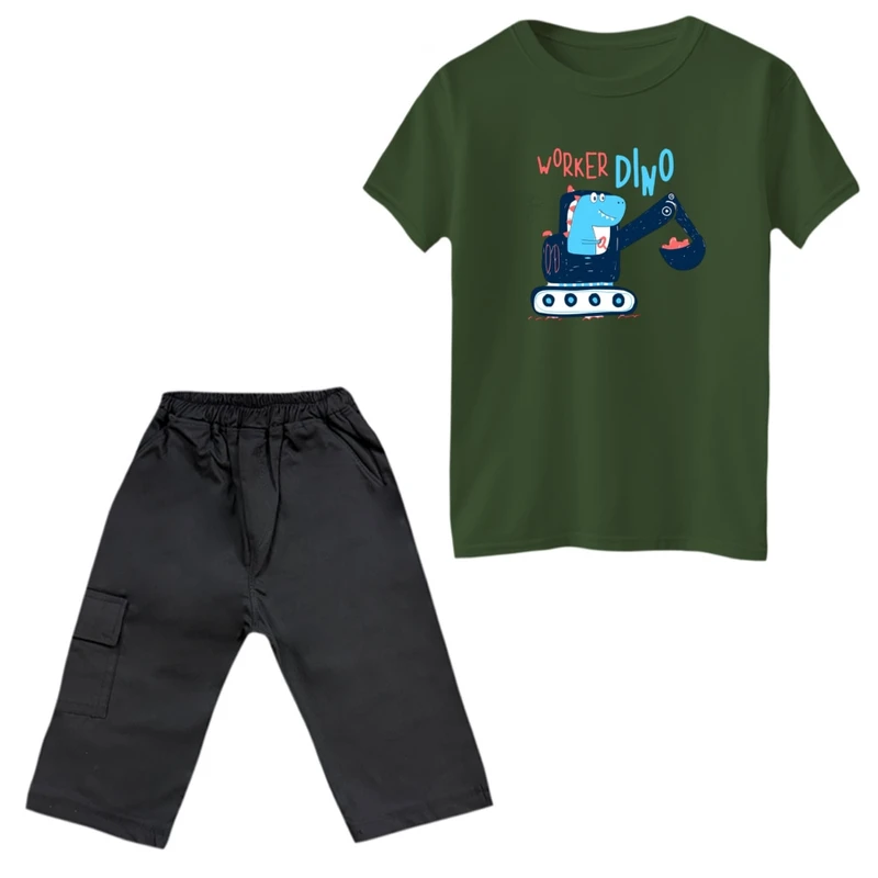 ست تی‌شرت و شلوارک پسرانه مدل دایناسور و ماشین