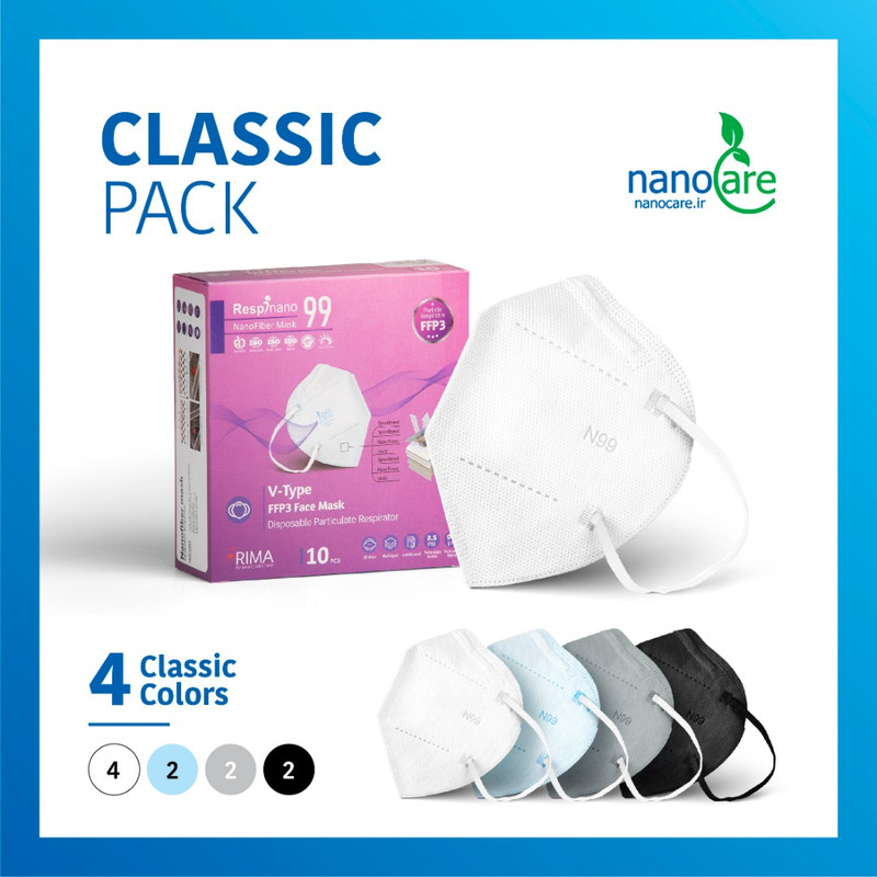 ماسک تنفسی ریما مدل سه بعدی N99 نانوالیاف کد Classic-F99 بسته 25 عددی