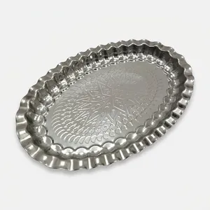 سینی بدون دسته مدل بیضی استیل طرح سنتی کد 73 سایز 25*37 سانتیمتر