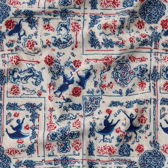 پارچه ملحفه عرض 1.5 متر پارچه باما طرح سه بعدی فرش ایرانی شروین کد 5015394 رنگ آبی