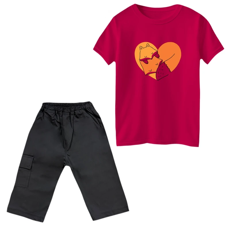 ست تی‌شرت و شلوارک دخترانه مدل دو روباه