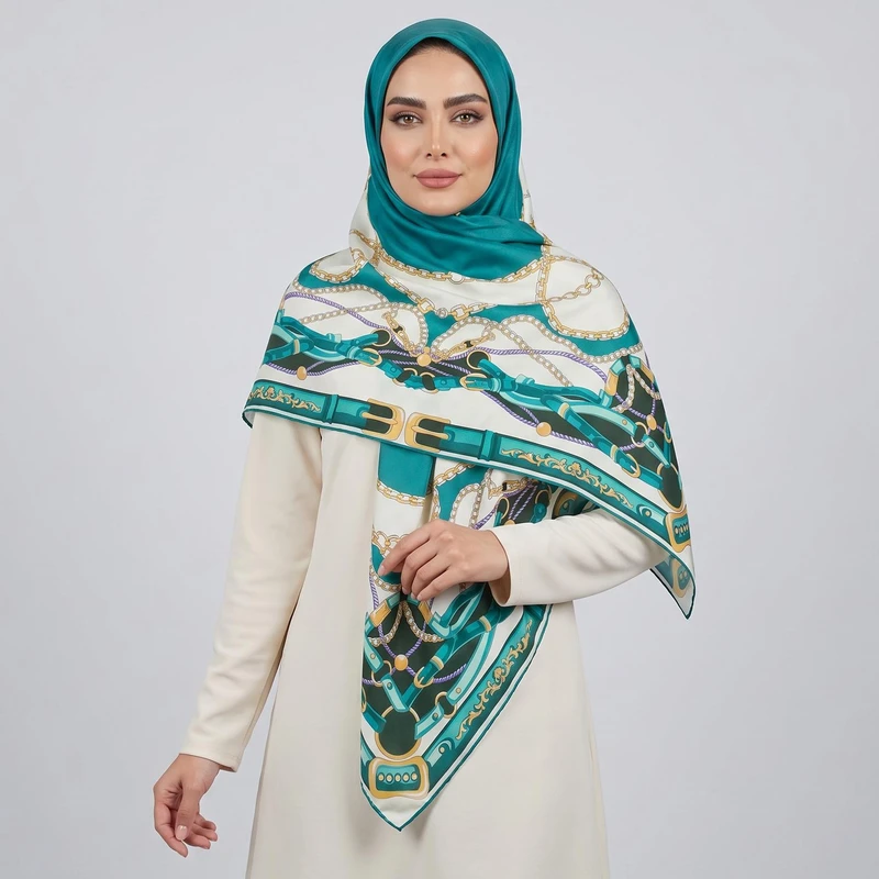 روسری زنانه آنالیا مدل زنجیری ابریشم توییل دور دست دوز کد 10330