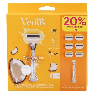 خود تراش ژیلت مدل Venus Comfortglide Coconut Scent Plus Olay به همراه تیغ یدک بسته 5 عددی