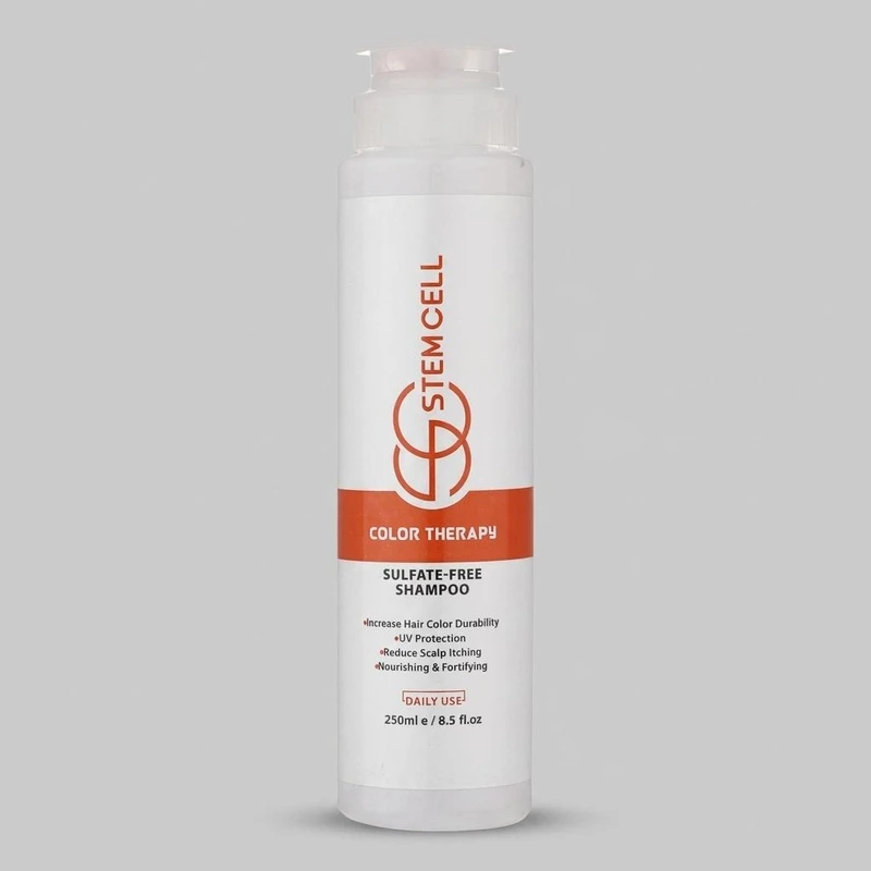 شامپو مو رنگ شده استم سل مدل Sulfate Free حجم 250 میلی‌لیتر، ضد ریزش، تقویت‌کننده، ترمیم‌کننده، تثبیت‌کننده رنگ، محافظت در برابر اشعه UV، براق‌کننده، حاوی روغن گل گاوزبان، کالاندولا، پروویتامین B5 و عصاره آلوئه‌ورا