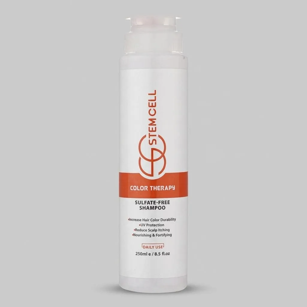 شامپو مو رنگ شده استم سل مدل Sulfate Free حجم 250 میلی‌لیتر، ضد ریزش، تقویت‌کننده، ترمیم‌کننده، تثبیت‌کننده رنگ، محافظت در برابر اشعه UV، براق‌کننده، حاوی روغن گل گاوزبان، کالاندولا، پروویتامین B5 و عصاره آلوئه‌ورا