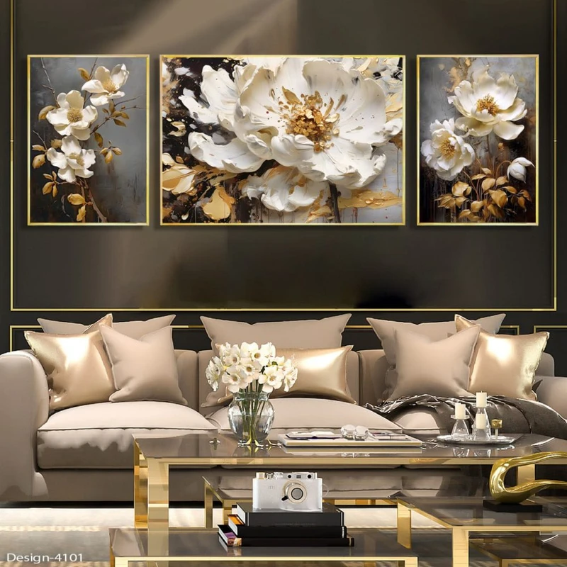 تابلو مدل دکوراتیو طرح گل کد 380 فریم طلایی مجموعه سه عددی