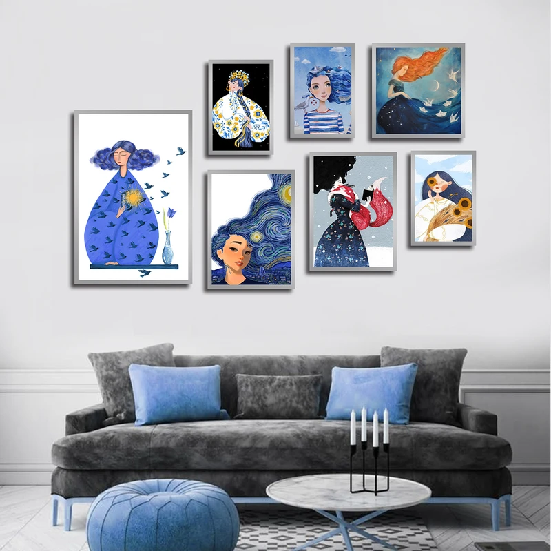 تابلو بکلیت طرح نقاشی دکوراتیو مدل SI-3854 فریم نقره ای مجموعه 7 عددی