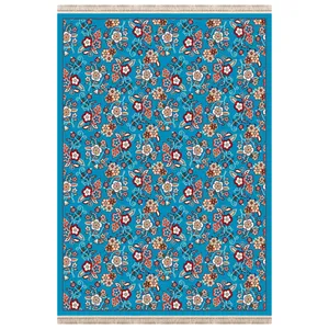 گلیم ماشینی طرح دنیا زمینه آبی فیروزه ای