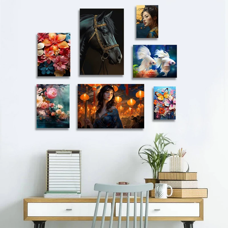 تابلو شاسی بکلیت طرح گل رنگی و اسب و ماهی مدل SH-1181  مجموعه 7 عددی