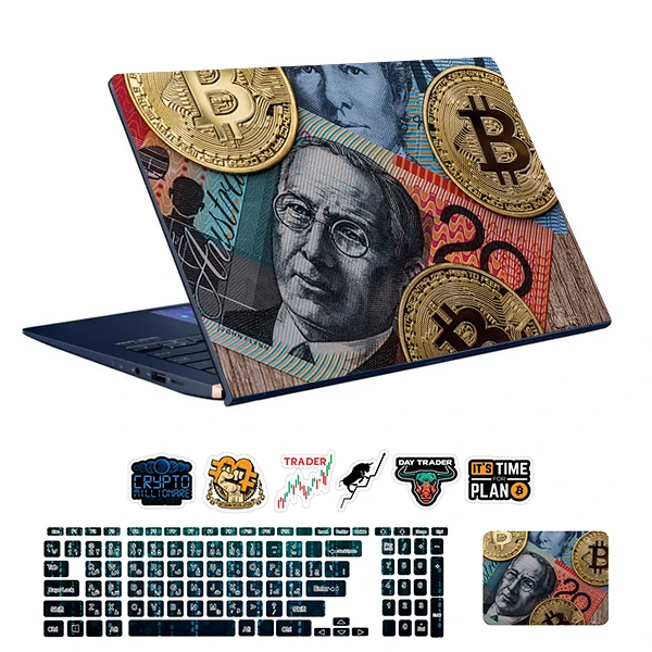 استیکر لپ تاپ توییجین و موییجین طرح Bitcoin کد 41 مناسب برای لپ تاپ 15.6 اینچ به همراه برچسب حروف فارسی کیبورد