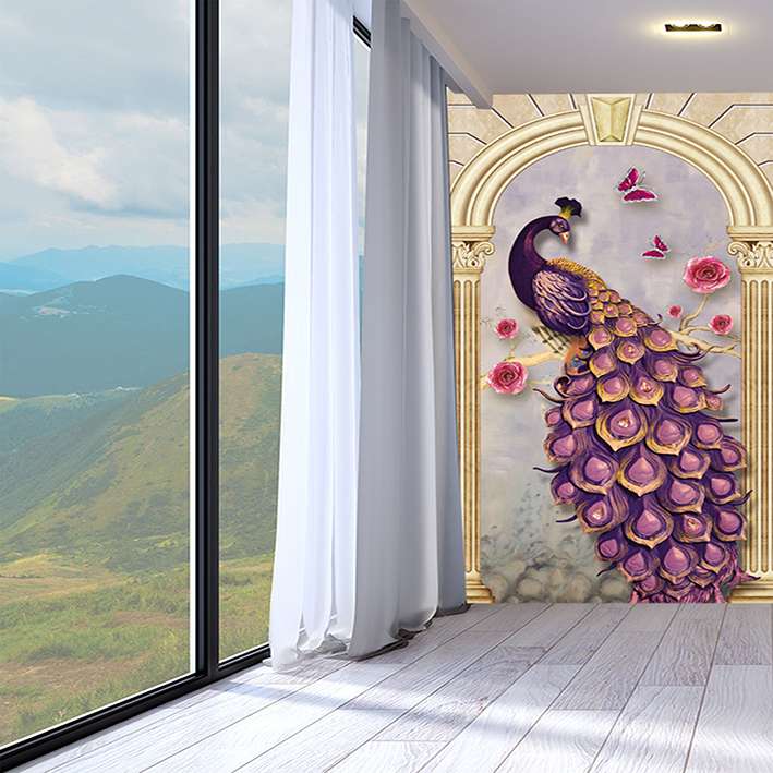 پوستر دیواری سه بعدی مدل طاووس بنفش ستون طلایی DVRF2376