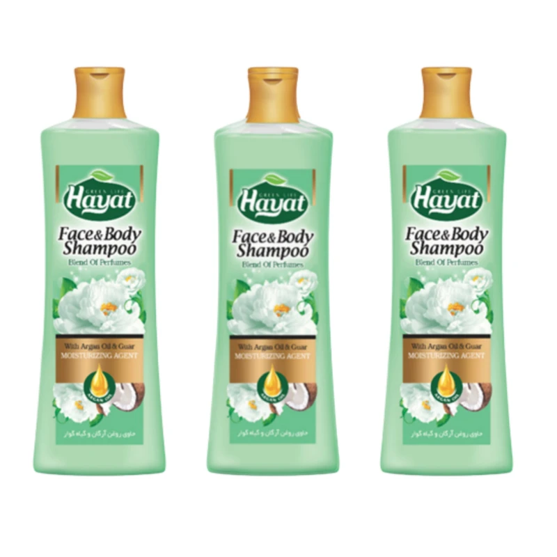 شامپو بدن حیات مدل آرگان و گیاه گوار و نارگیل حجم 400 میلی لیتر بسته 3 عددی