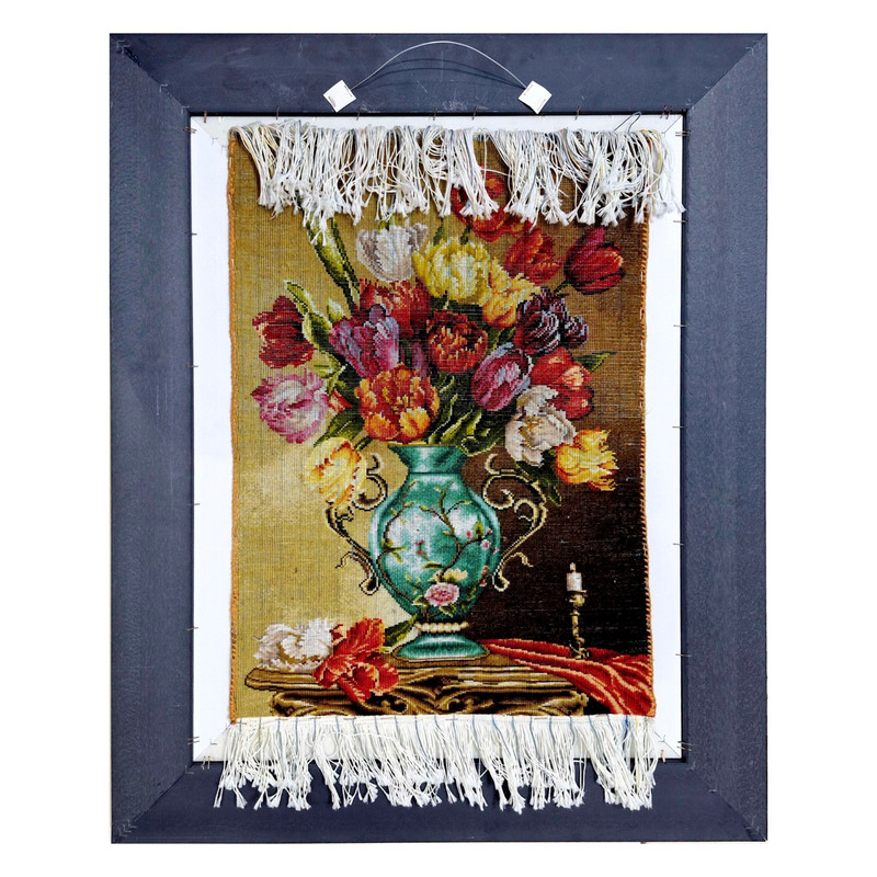 تابلو فرش دستباف طرح گلدان لاله ابریشمی کدDA021