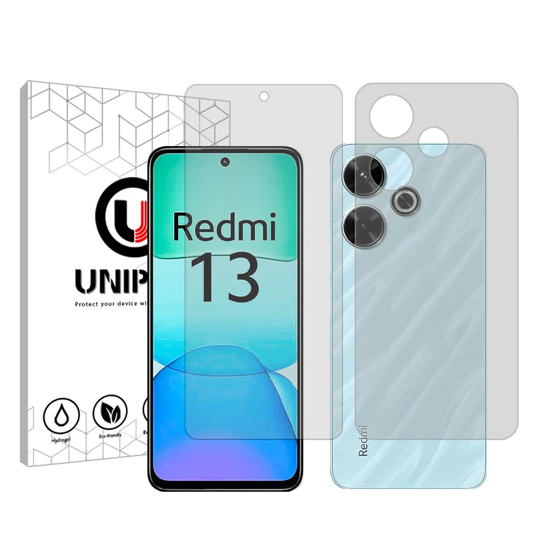 محافظ صفحه نمایش شفاف یونی پرو مدل Explosion Proof مناسب برای گوشی موبایل شیائومی Redmi 13 به همراه محافظ پشت گوشی
