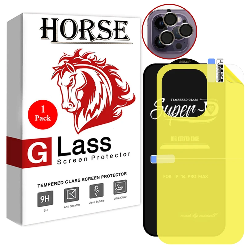 محافظ صفحه نمایش هورس مدل 3SNR مناسب برای گوشی موبایل اپل iPhone 14 Pro Max به همراه محافظ پشت گوشی و محافظ لنز دوربین