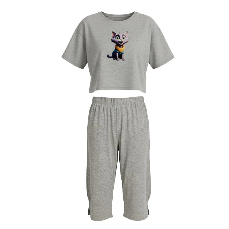 ست تی‌شرت آستین کوتاه و شلوارک راحتی زنانه مدل گربه کد N70