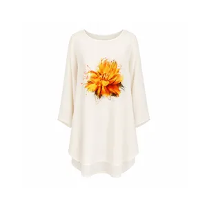 Floral Chiffon Women’s Tunic, Three-Quarter Sleeves, Hip-Length, Model NS500