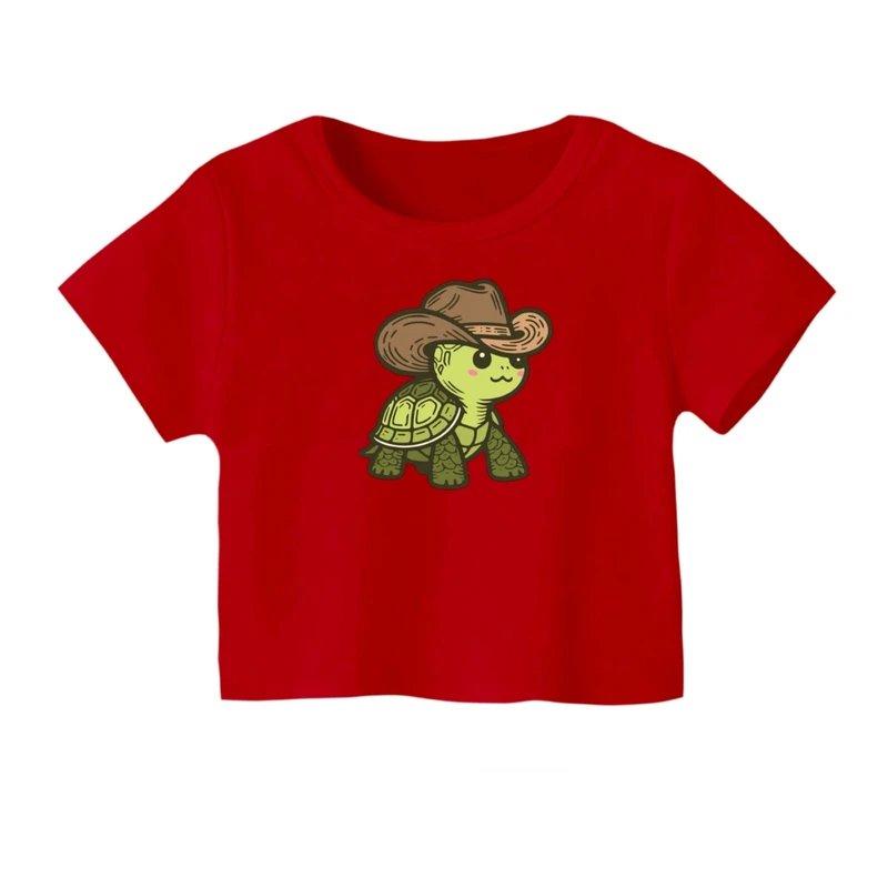 کراپ‌ تی‌شرت آستین کوتاه زنانه مدل لاک پشت کارتونی کد 01