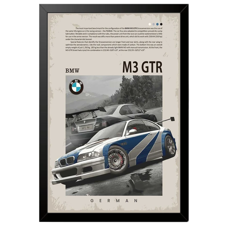 تابلو بکلیت طرح ماشین و خودرو بی ام و BMW M3 GTR NEED FOR SPEED MOST WANTED مدل B-po1877 فریم مشکی
