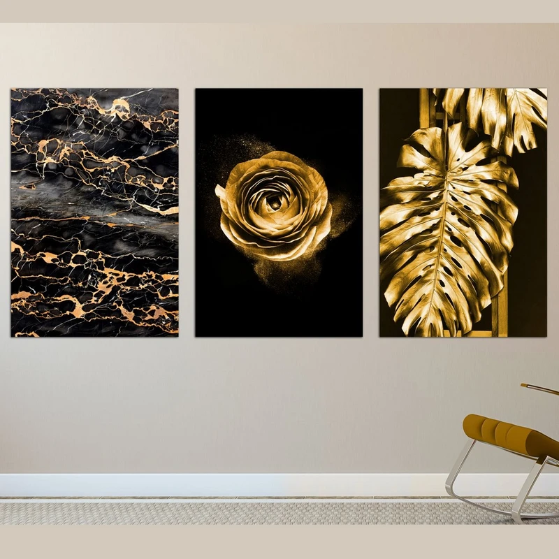 تابلو شاسی بکلیت طرح برگ و گل طلایی مدل SH-348 مجموعه 3 عددی