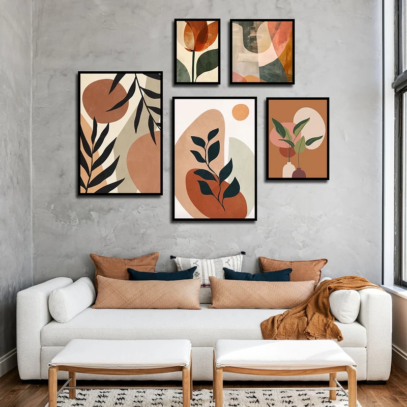 تابلو بکلیت طرح نقاشی مینیمال برگ مدل B-3382 فریم مشکی مجموعه 5 عددی