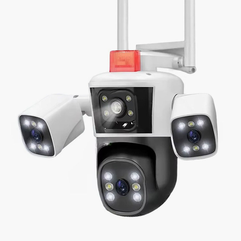 دوربین مداربسته تحت شبکه سیم‌کارتی 3 مگاپیکسلی مدل QQ849-WP-4-4G، دارای 3 لنز، اتصال 4G، چرخش افقی و عمودی، دید در شب، تشخیص حرکت، تعقیب سوژه، مکالمه دوطرفه، پشتیبانی از کارت حافظه Micro SD تا 256 گیگابایت و استاندارد ضدآب IP66
