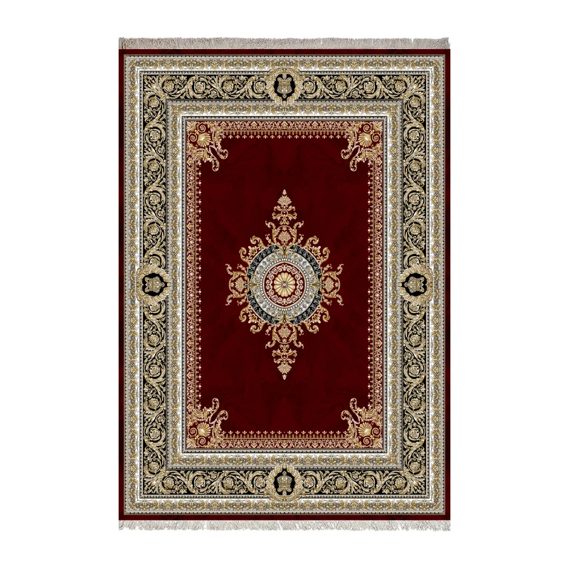فرش ماشینی 1000 شانه زانیس زمینه قرمز لاکی حاشیه مشکی مدل چاپی