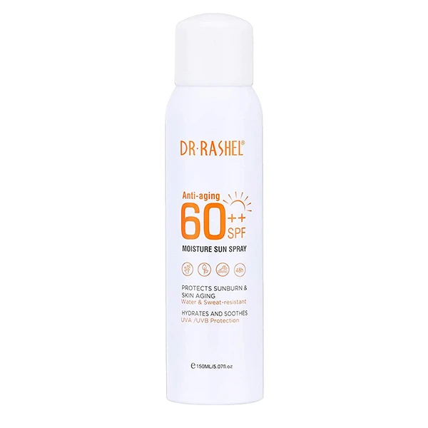 اسپری ضد آفتاب بدون رنگ دکتر راشل SPF 60 مدل anti aging ‌مناسب برای انواع پوست حجم 150 میلی‌لیتر