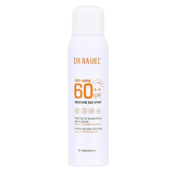 اسپری ضد آفتاب بدون رنگ دکتر راشل SPF 60 مدل anti aging ‌مناسب برای انواع پوست حجم 150 میلی‌لیتر