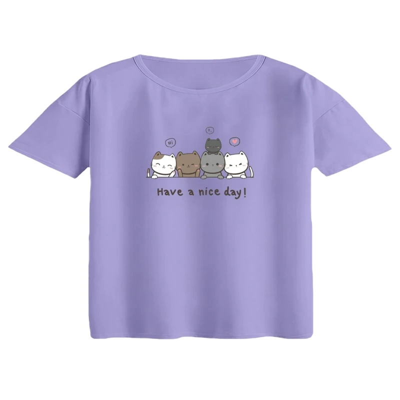 کراپ تی‌شرت آستین کوتاه زنانه مدل گربه های بامزه