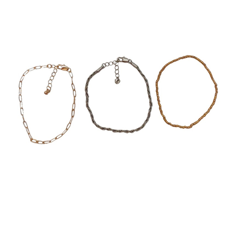 دستبند زنانه مدل مهره ای و زنجیری مجموعه 3 عددی