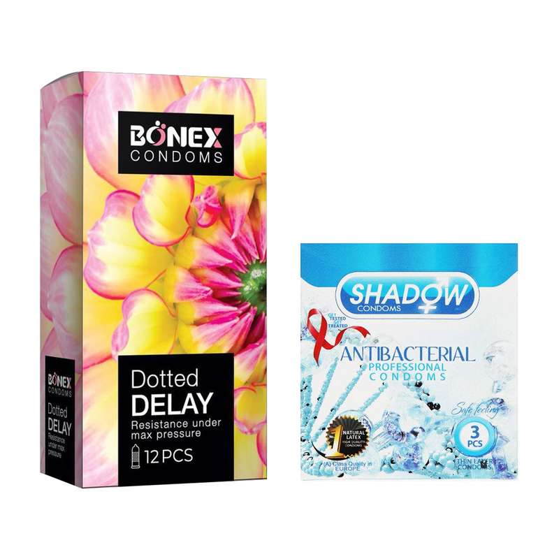 کاندوم بونکس مدل Dotted Delay بسته 12 عددی به همراه کاندوم شادو مدل Anti Bacterial بسته 3 عددی 