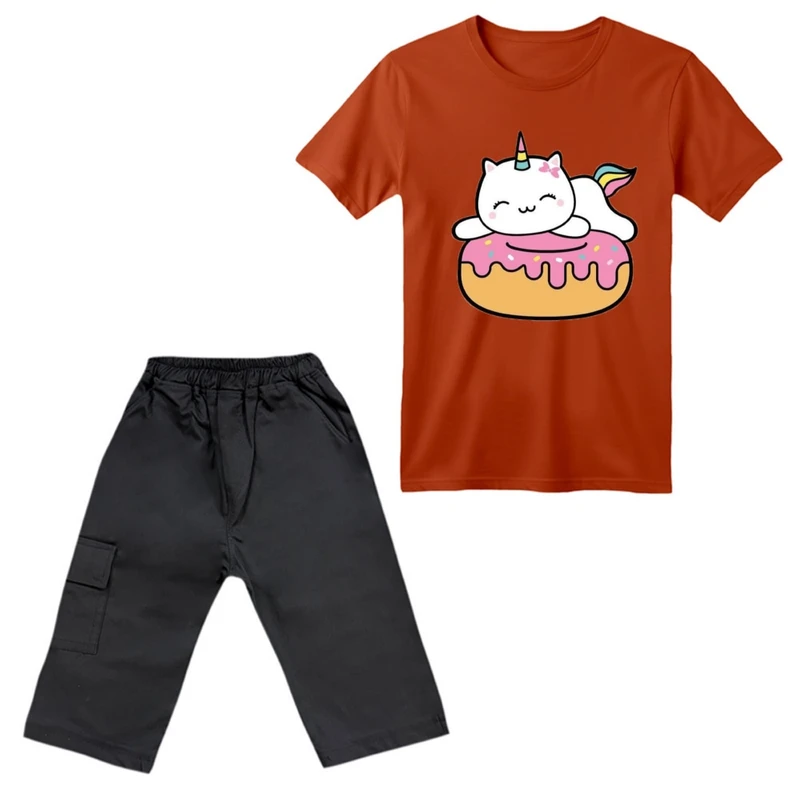 ست تی‌شرت آستین کوتاه و شلوارک دخترانه مدل یونیکورن کد ۱ رنگ آجری تیره